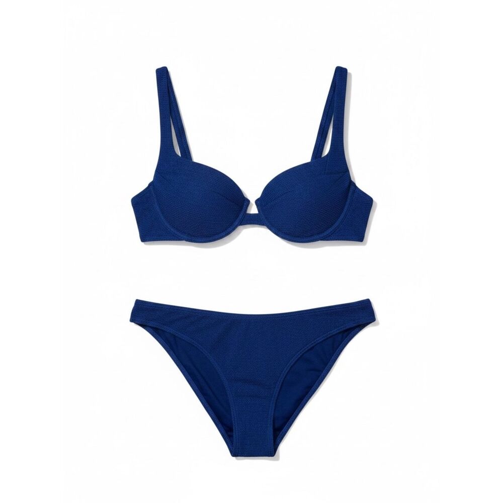 PrettyLittleThing Solid Deep Royal Blue Textured Wireless Bikini Set size L
